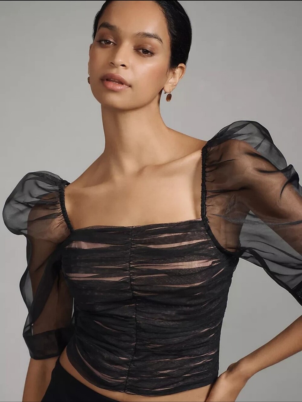 Maeve Ruched Square Neck Short Sleeve Top — Black Sheer Small